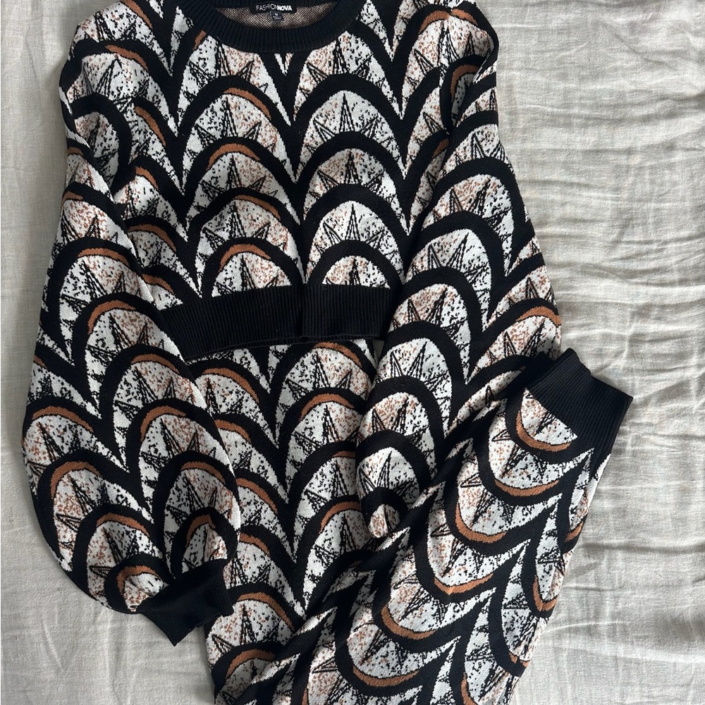 Patterned Black and White Sweater Set